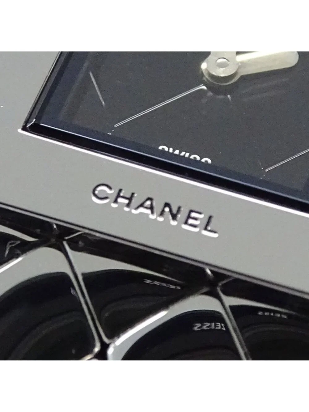 Chanel Watch Quilted Quartz Stainless Steel Silver Black Square Polished